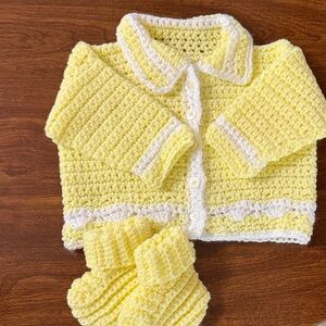 Handmade Yellow & White Crochet Baby Matching Sweater and Bootie Set